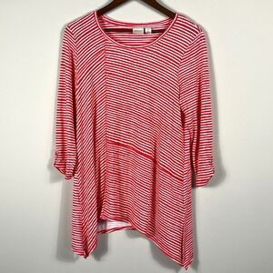 Zenergy by Chicos Red White Striped Sharkbite Tunic Top 3/4 Sleeve Womens Size 1